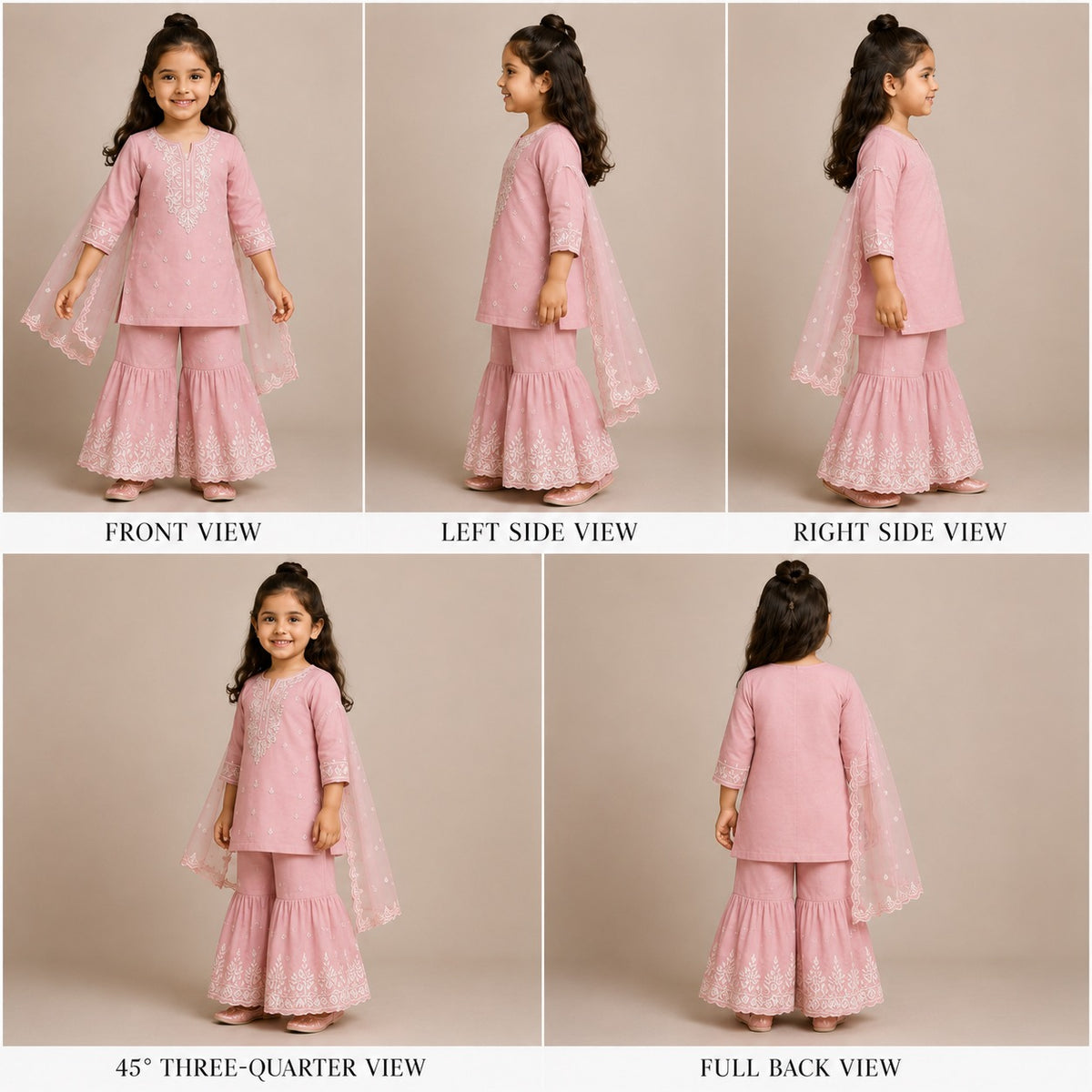 (Girl) Pre Order: Pink Front Placket Kurti And Pleated Sharara With Net Dupatta
