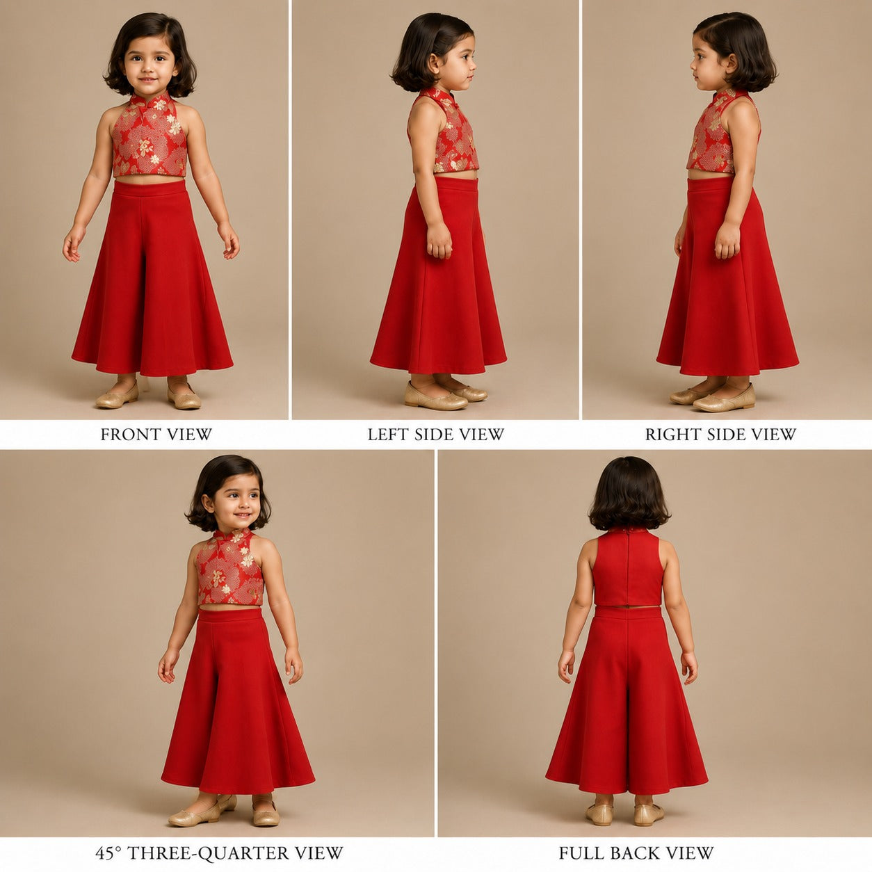 Pre Order: Red Embroidred Halter Neck Top With Flared Palazzo