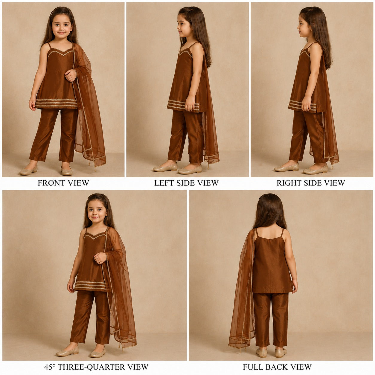 Pre Order: Brown Suit Set with Dupatta and Gota Detailing