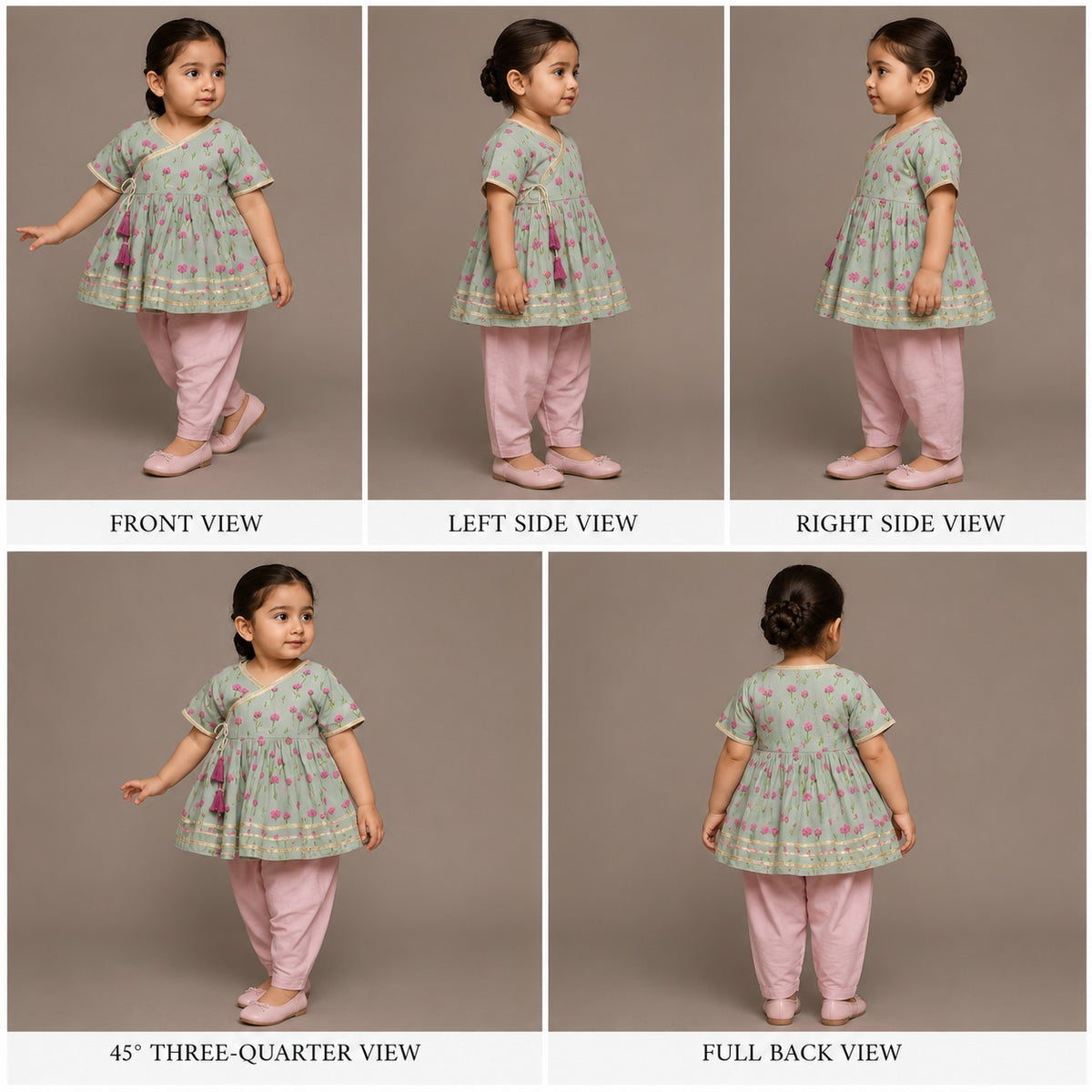 Pre Order: Mint Green Angrakha Style Top And Gota Lace Detailed Baby Pink Dhoti With Matching Mukut