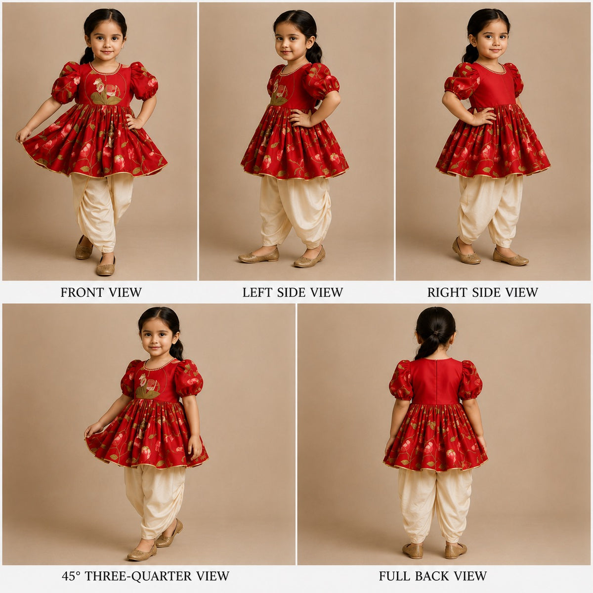 Pre Order: Printed Puffed Sleeves Red Peplum Top With Tulip Pant