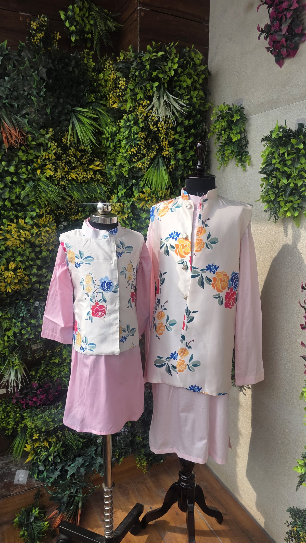 Pre Order: Pink Kurta With Floral Printed Jacket And Pyjama