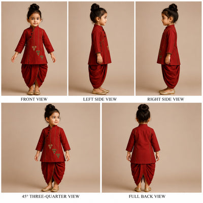 Pre Order: Side Knot Detail Red Poplin Kurta And Dhoti