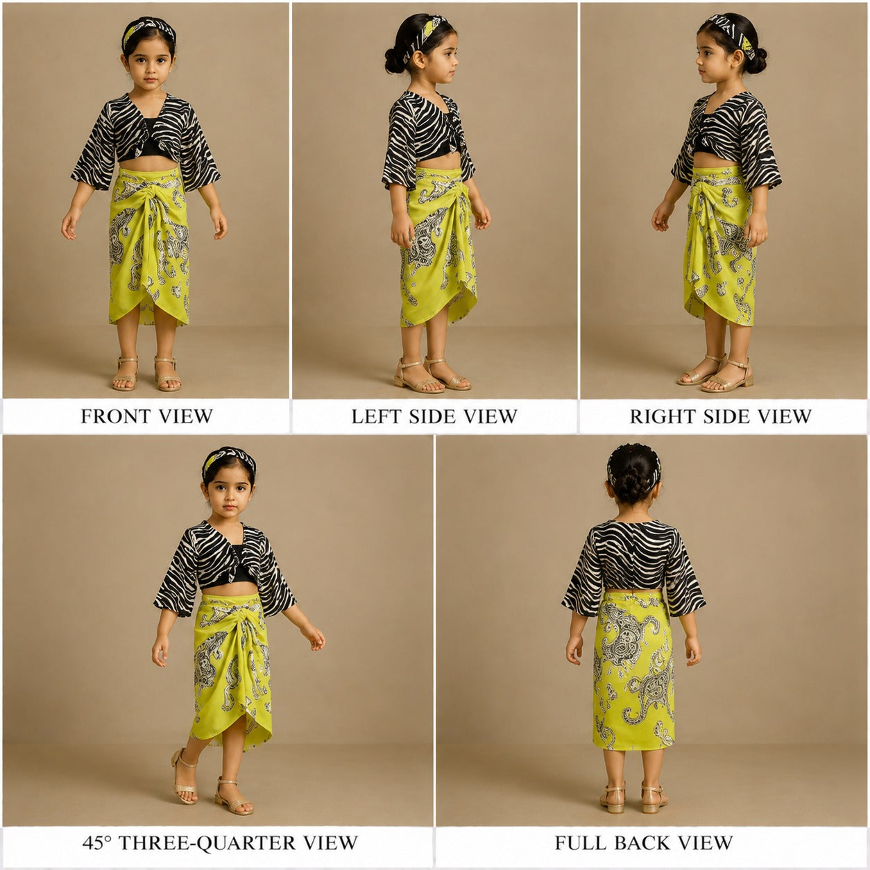 Pre Order: Smocked Back Black Crop Top With Flared Sleeves Jacket And Stylish Tiger Printed Skirt With Chain Hair Band