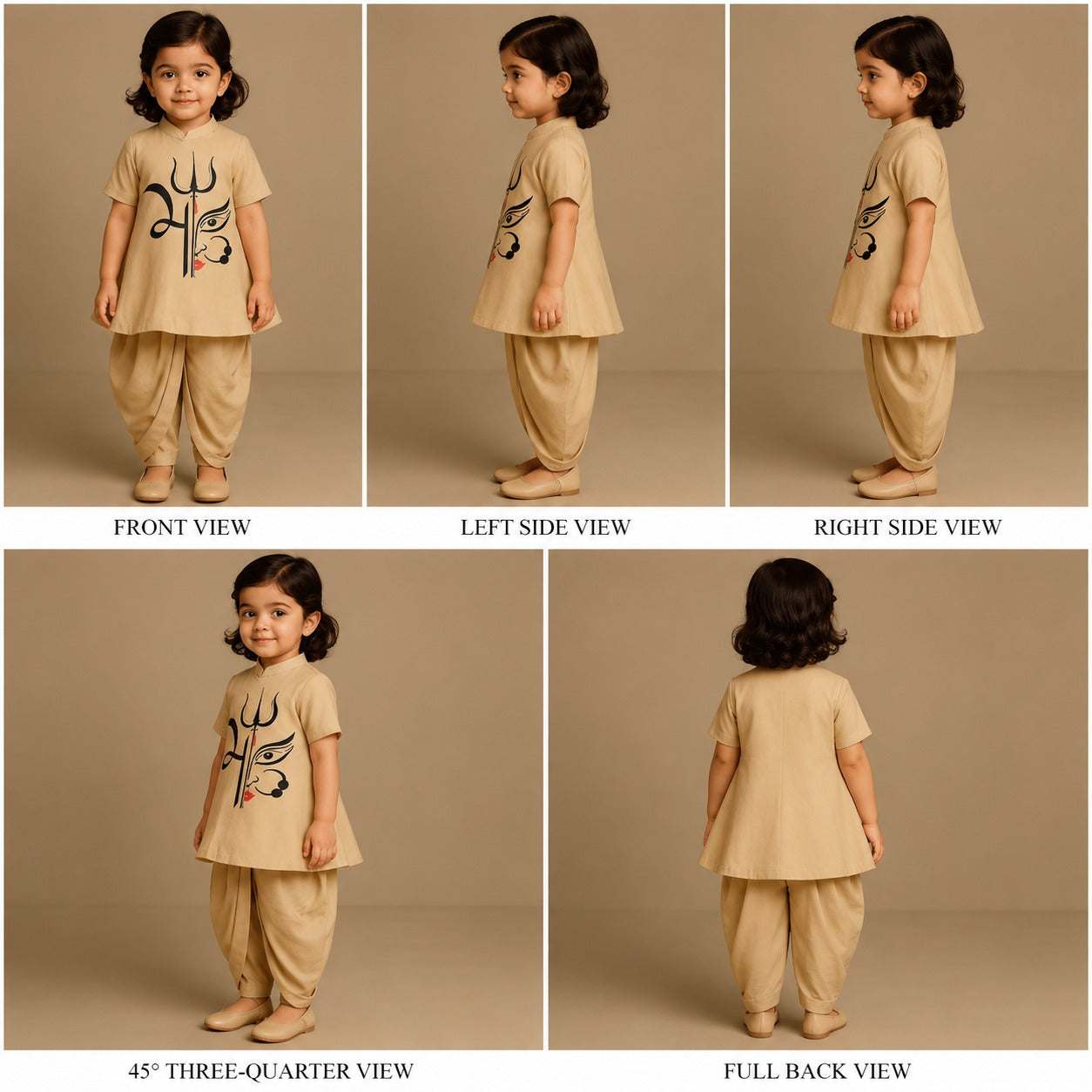 Pre Order: Mata Ji Trishool Beige Top And Dhoti