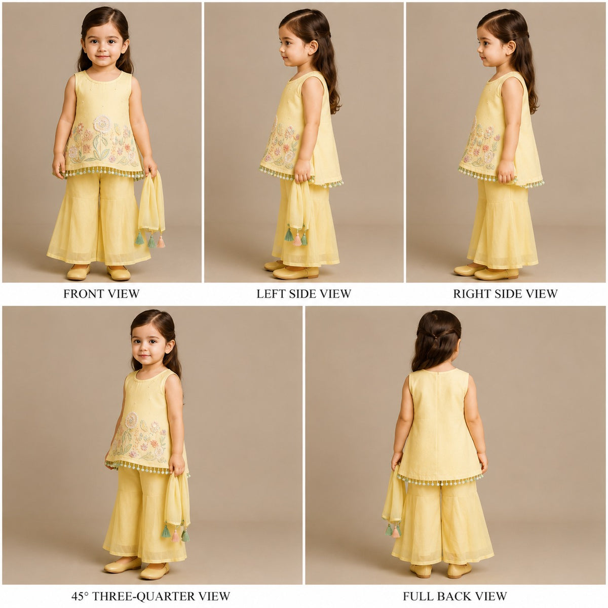 Pre Order: Sleeveless Floral Embroidered Kurti With Flared Palazzo And Dupatta