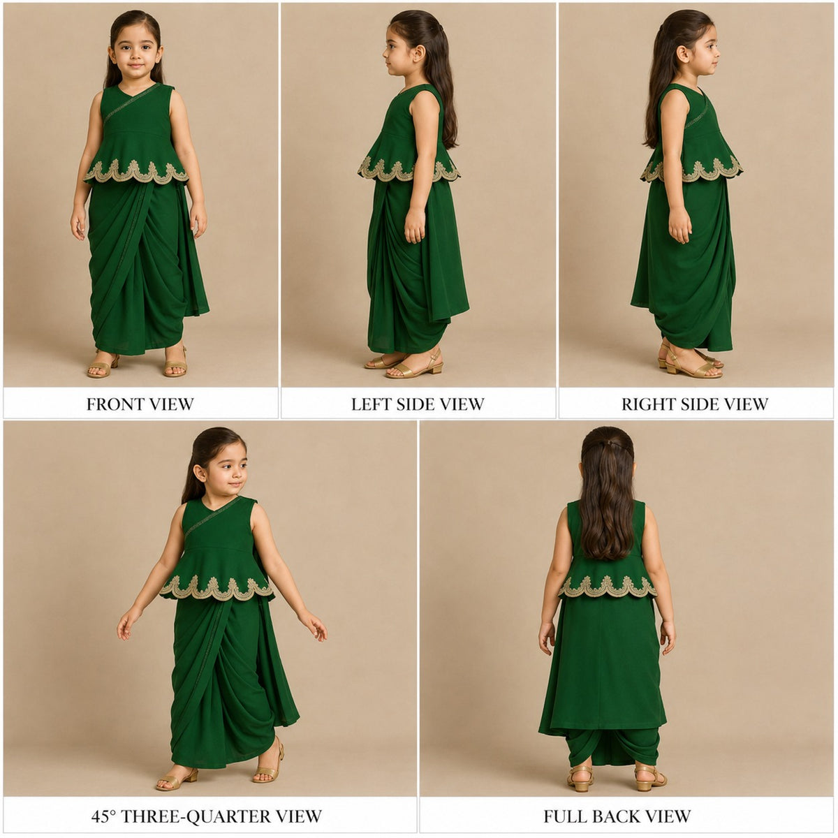 Pre Order: Green Lace Embroidered One Shoulder Top With Attached Pleated Dupatta And Stylish Dhoti Skirt