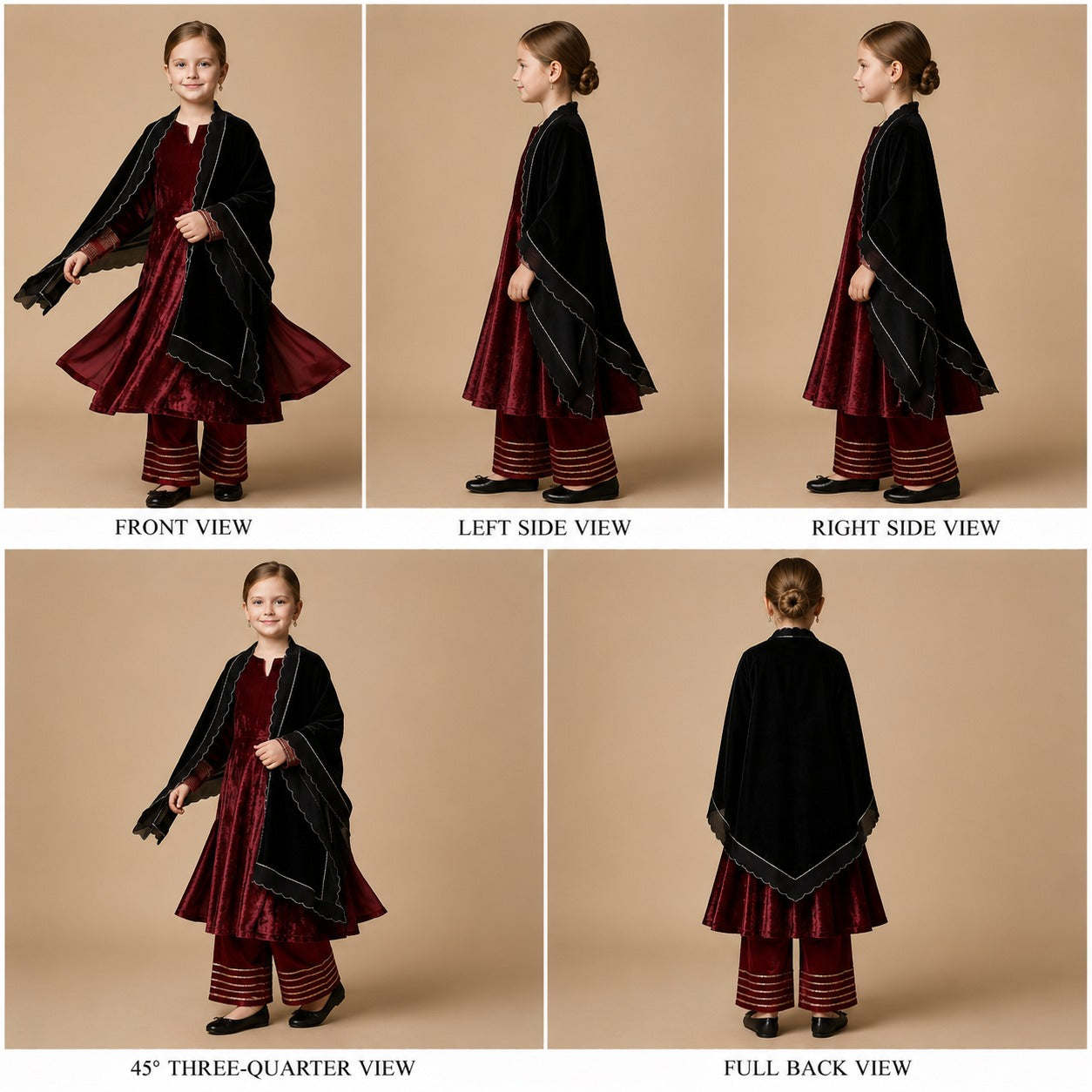 Pre Order: Maroon Velvet And Black Dupatta Suit Set