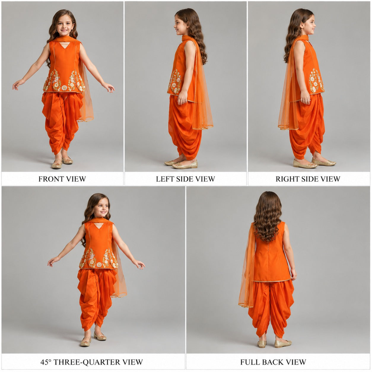 Pre Order: Orange Stylish Scalloped Kurti With Matching Dhoti And Choker Dupatta