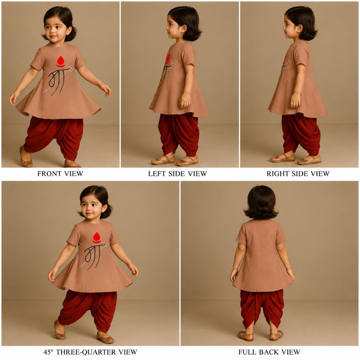 Pre Order: Maa Trishool Peach Top And Red Dhoti