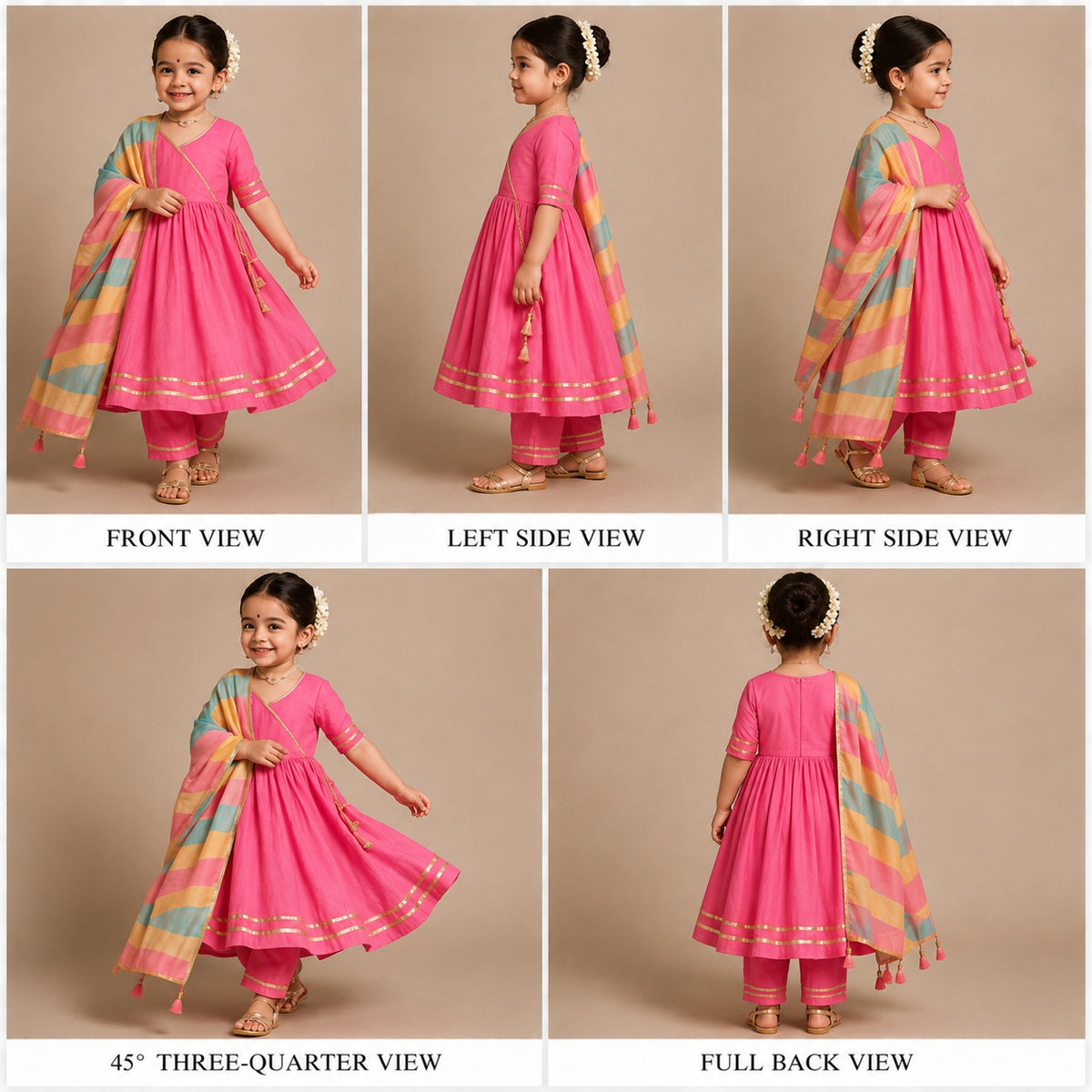 Pre Order: Pink Suit Set with Multicolored Dupatta and Gota Detailing