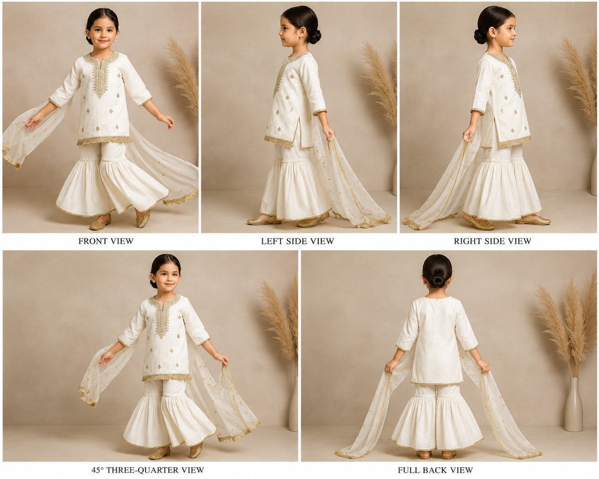 Pre Order: Elegant Faux Mirror Embroidered Chanderi Kurti With Sharara And Dupatta