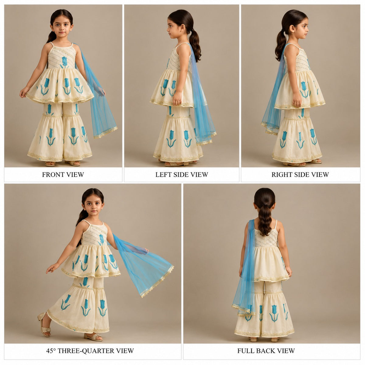 Pre Order: Tulip Printed Strappy Peplum Kurti With Printed Sharara And Dupatta