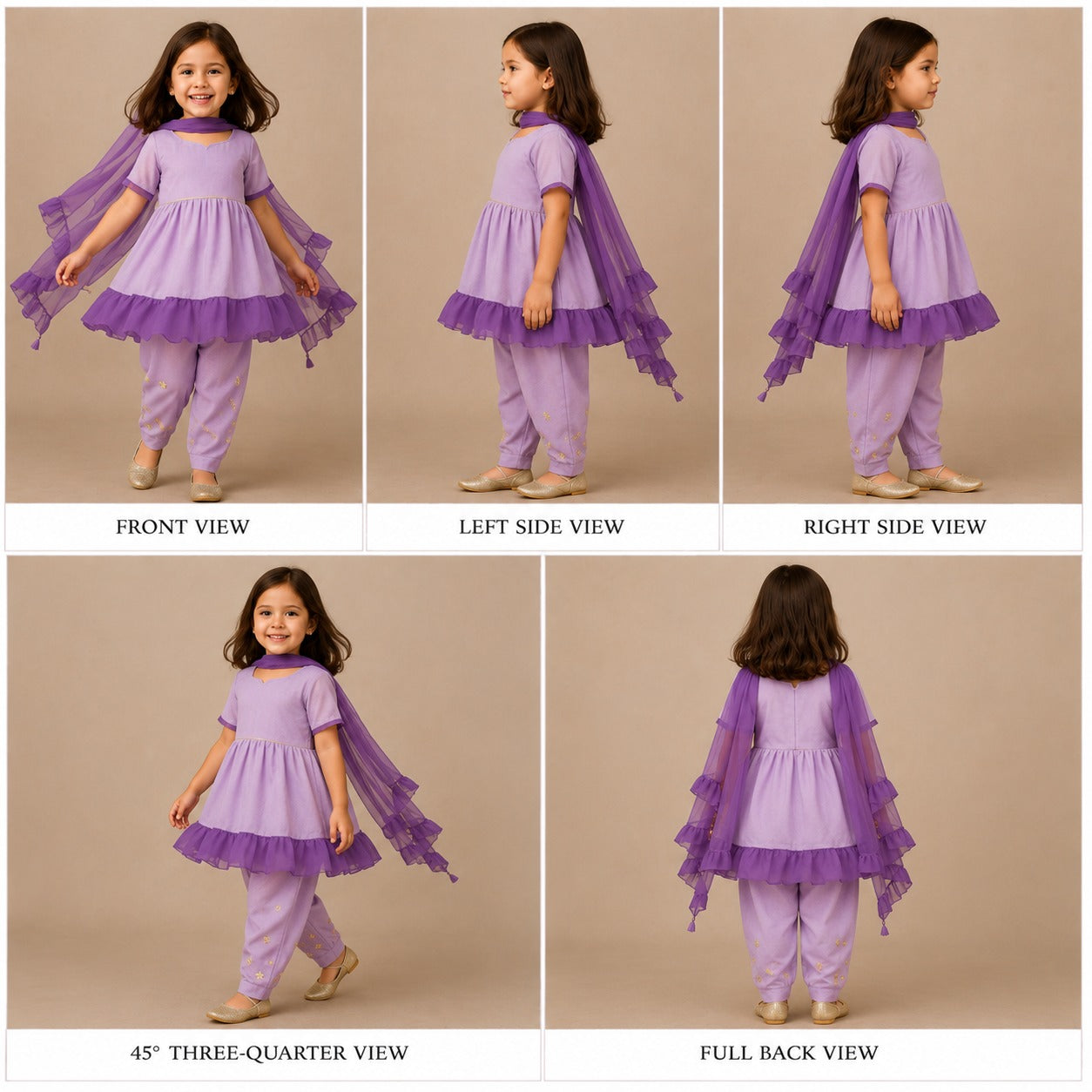 (Girl)Pre Order: Purple Colour Blocked Lace Work Kurti With Dhoti And Dupatta
