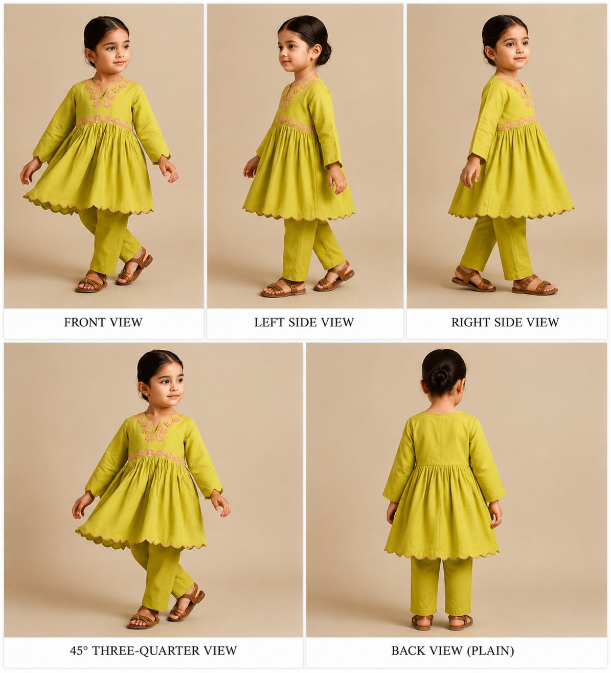 Pre Order: Embroidered Yoke V Neck Scalloped Green Kurti And Pant