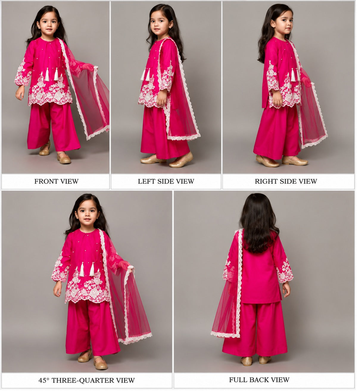 Pre Order: Floral Embroidered Applique Detailed Kurti With Farsi Salwar And Dupatta