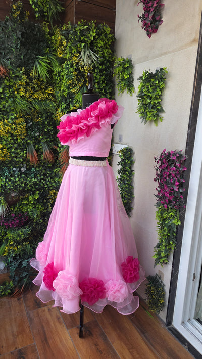 Organza One Shoulder Top And Flower Adorned Flared Lehenga