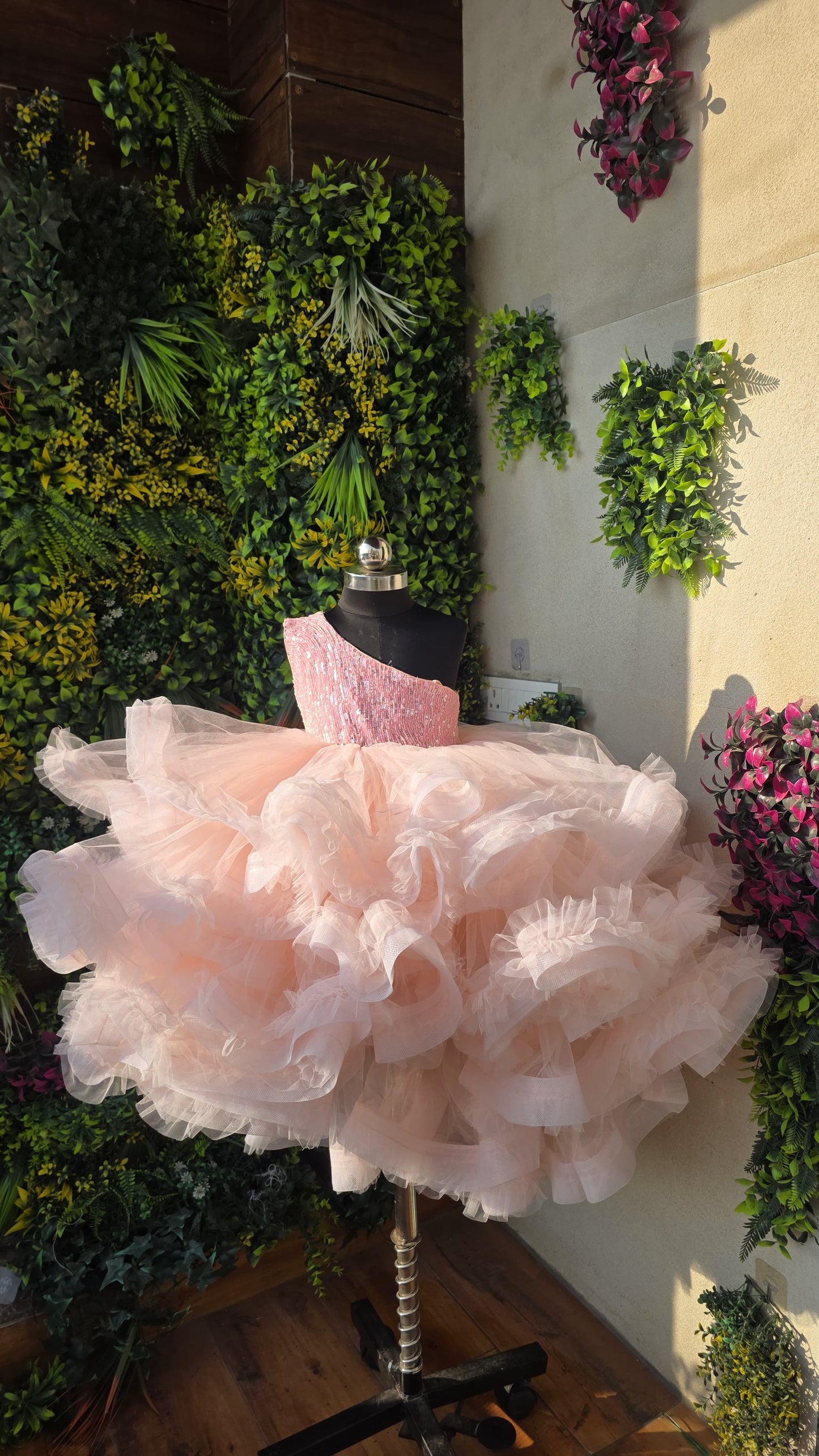 Pre Order: Sequins Embellished One Shoulder Frilly Layered Asymmetric Party Wear Gown