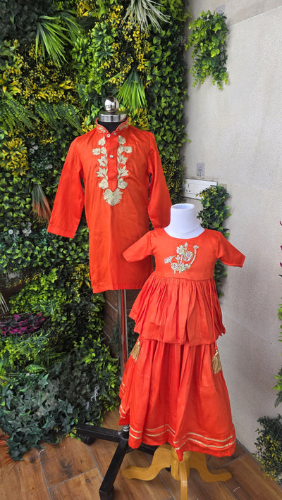 RTD (Boy) Pre Order:Orange And Gold Embroidered Kurta Set