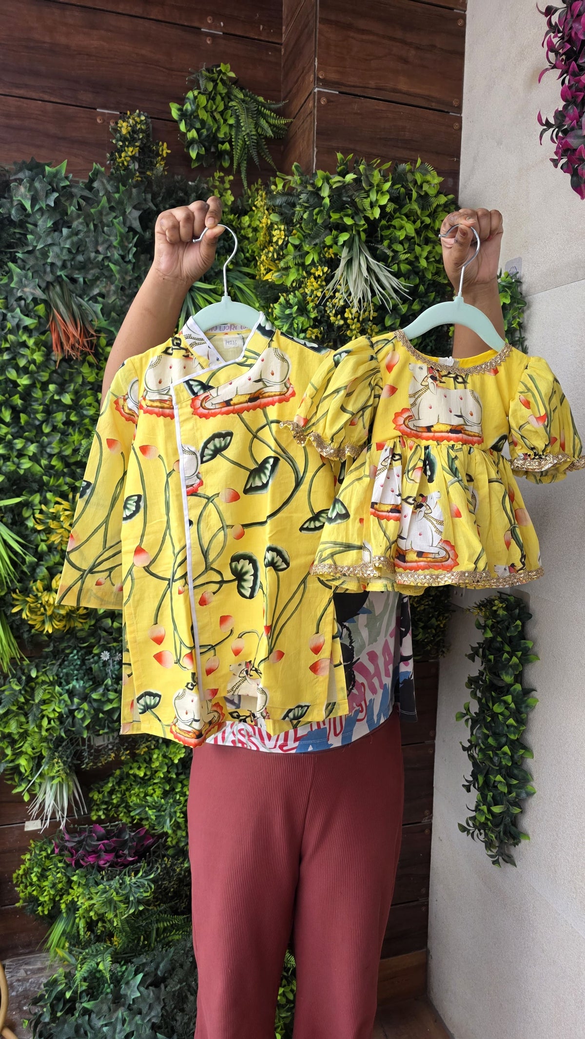 Pre Order: Krishna Cow And Lotus Printed Stylish Yellow Kurta With Pyjama
