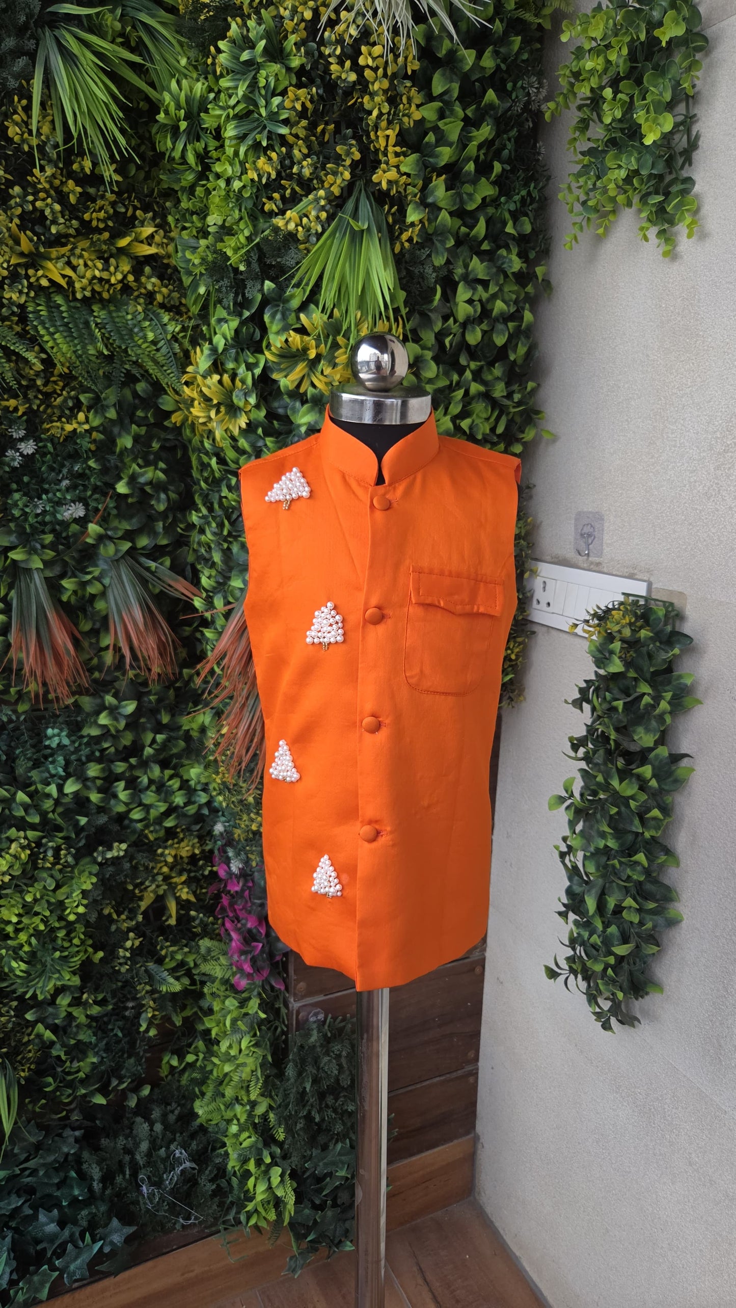Pre Order: Ethnic Kurta With Patch Pocket Orange Jacket And Pyjama