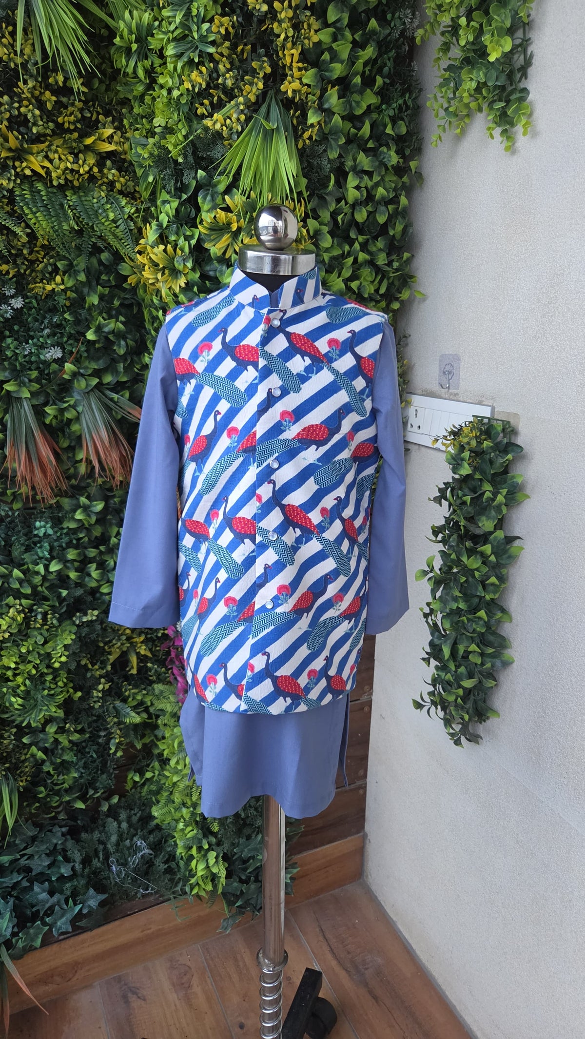 Pre Order: Blue Kurta With Peacock Printed Front Open Jacket And Pyjama