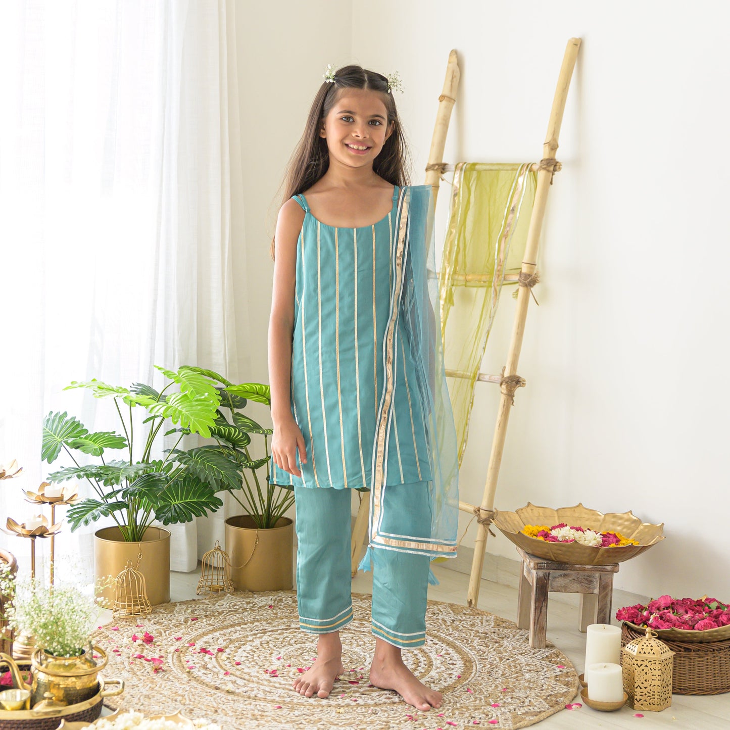 Pre Order: Turquoise Blush Gota Taffeta Silk Suit Set