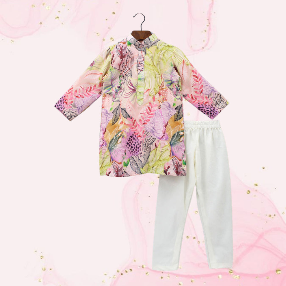 Pre Order: Multicolour Leaf Printed Peach Ethnic Kurta And Churidar