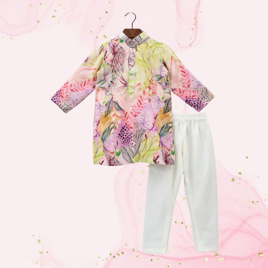 Pre Order: Multicolour Leaf Printed Peach Ethnic Kurta And Churidar