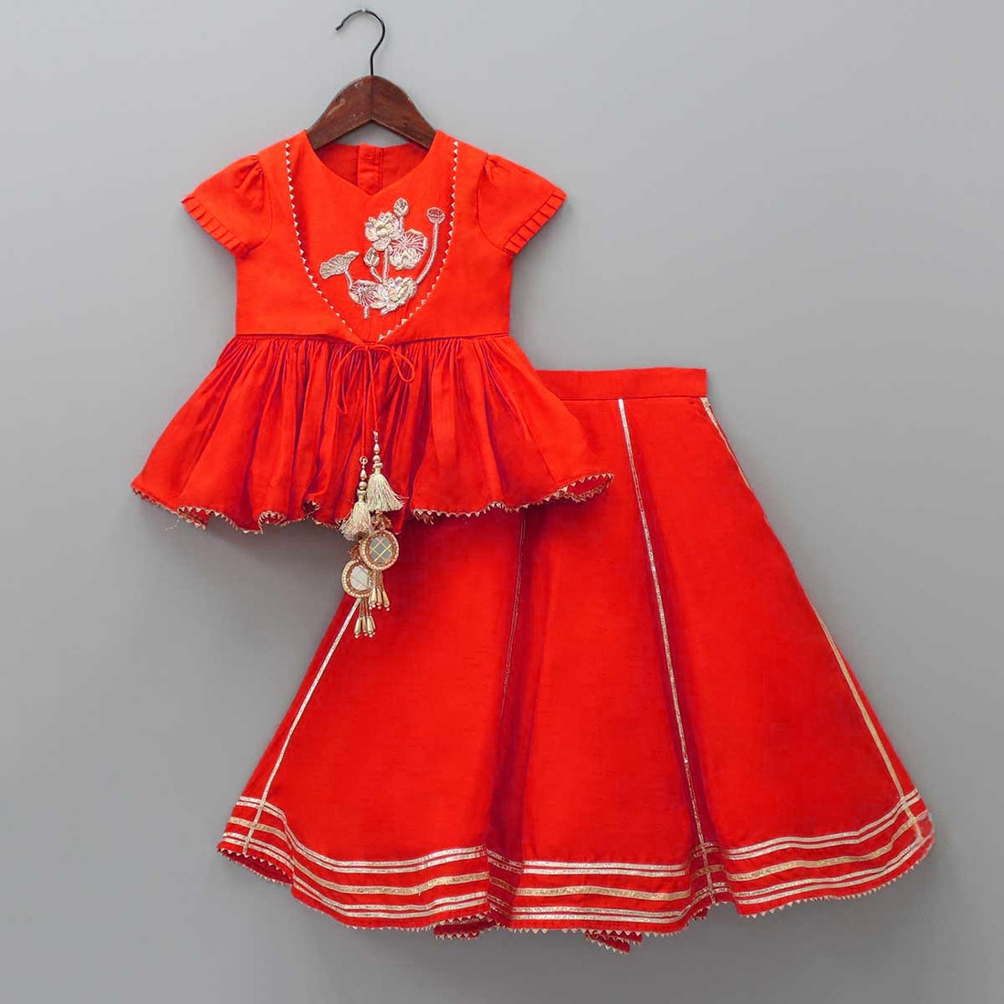 Pre Order: Embroidered Red Dual Flaps Top And Lehenga