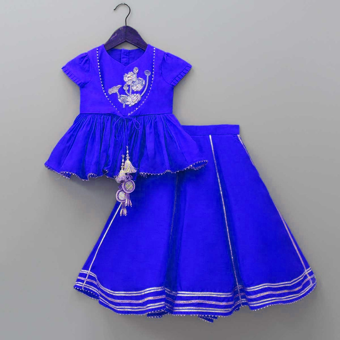 Pre Order: Embroidered Blue Dual Flaps Top And Lehenga