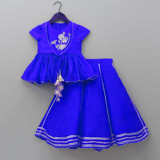 Pre Order: Embroidered Blue Dual Flaps Top And Lehenga