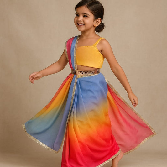 Pre Order: Multicolour Saree with Yellow Blouse with Gota Detailing