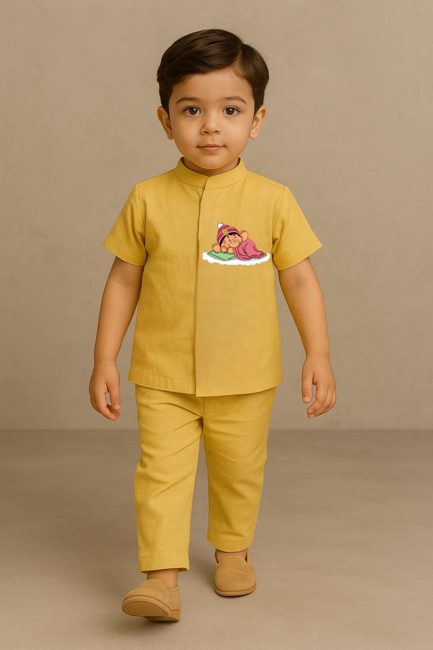 Pre Order: Yellow Bal Ganesha Hand Painted Coord Set