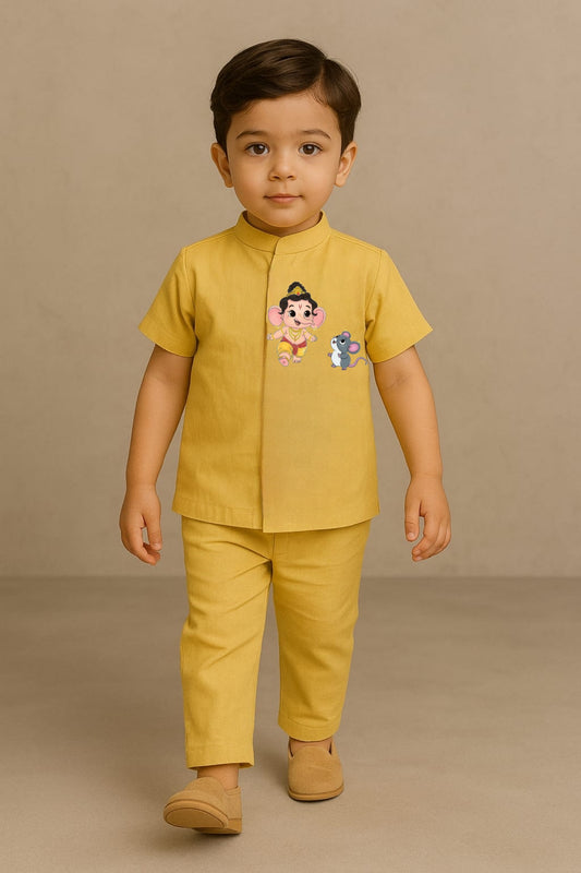Pre Order: Yellow Ganesh ji Hand Painted Coord Set