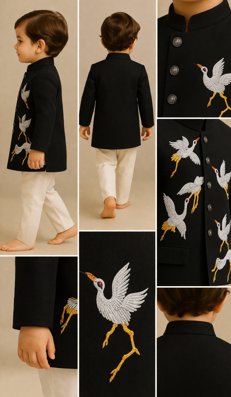 Pre Order: Black Bird Embroidered Sherwani With Off White Pyjama