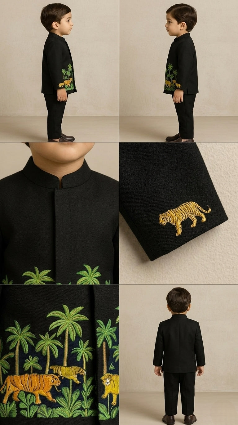 Pre Order: Jungle Theme Embroidered Black Sherwani With Pant