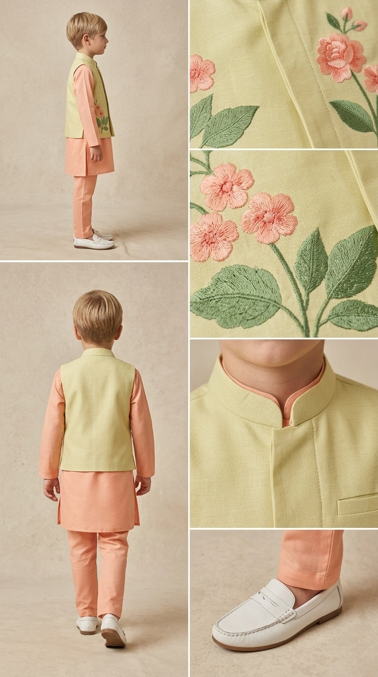 Pre Order: Ethnic Bead Detailed Kurta With Front Open Floral Jacket And Pyjama