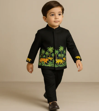 Pre Order: Jungle Theme Embroidered Sherwani With Pant