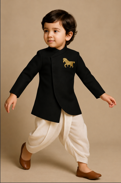 Pre Order: Horse Motif Jodhpuri Jacket And Dhoti