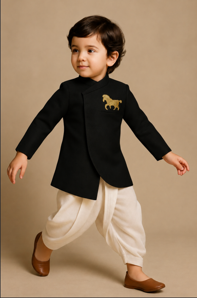 Pre Order: Horse Motif Jodhpuri Black Jacket And Dhoti