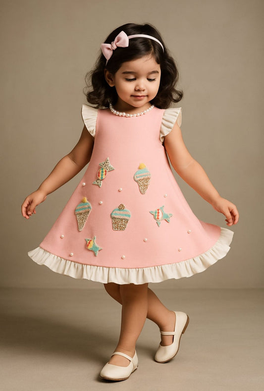 Pre Order: Exclusive Cute Candy Embroidered Peach Dress