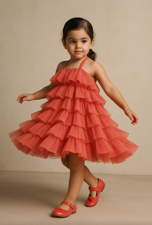 Pre Order: Exclusive Peachish Pink Backless Net Ruffle Dress