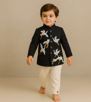 Pre Order: Black Bird Embroidered Sherwani With Off White Pyjama