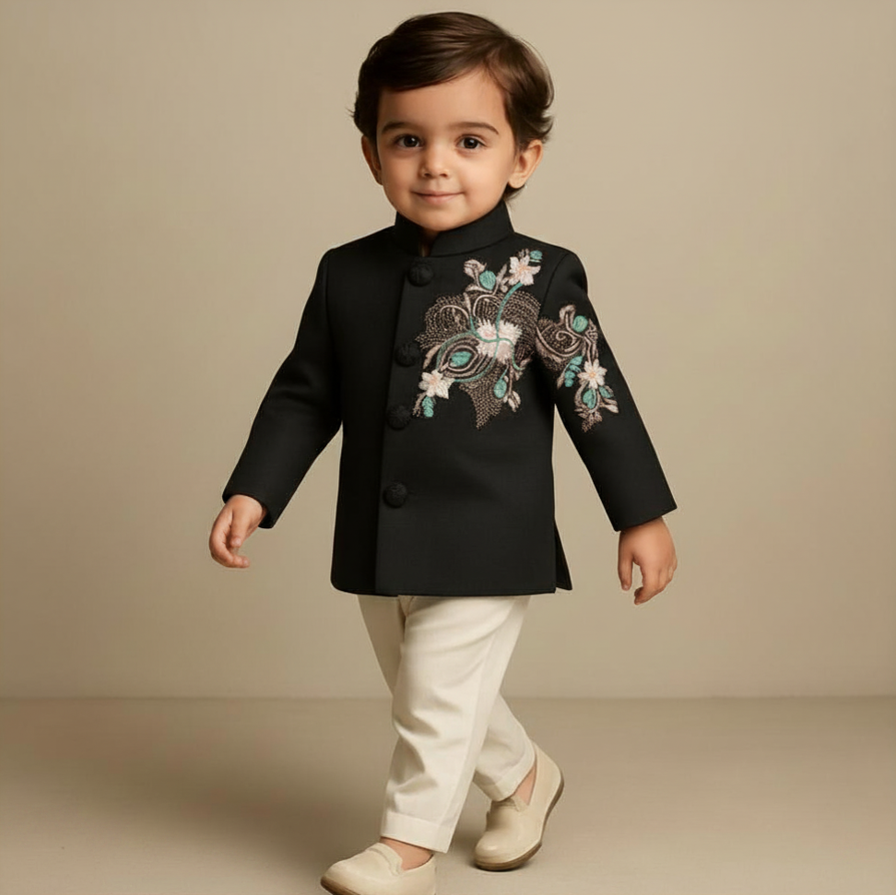 Pre Order: Black Beautiful Embroidered Sherwani With Cream White Pyjama