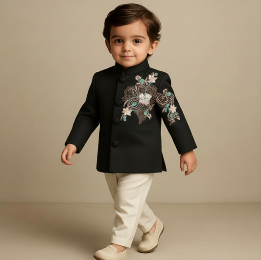 Pre Order: Black Beautiful Embroidered Sherwani With Cream White Pyjama