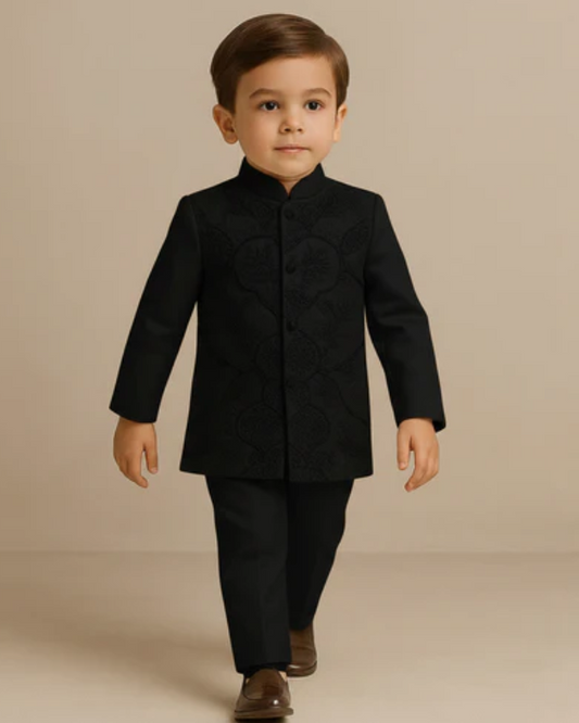 Pre Order: Black Embroidered Sherwani and Pyjama