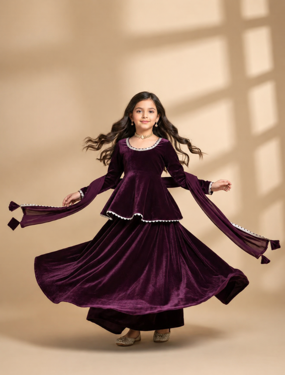 Pre Order: Wine Velvet Kurti And Lehenga Set