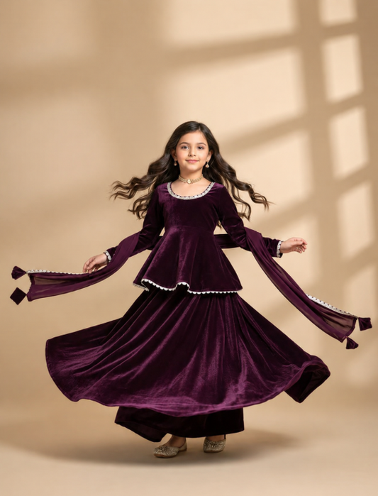 Pre Order: Wine Velvet Kurti And Lehenga Set