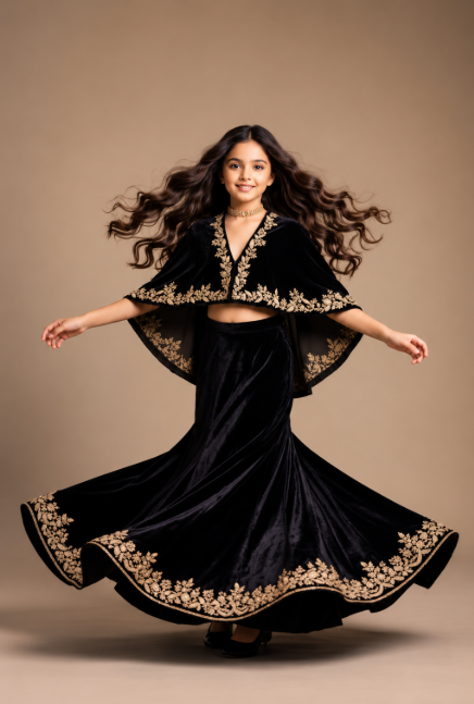 Pre Order: Black Velvet Cape With Lehenga Set